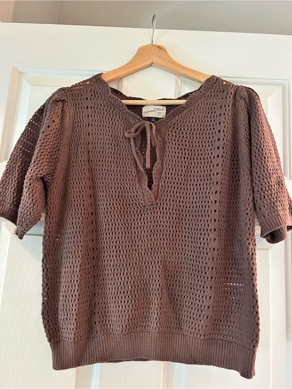 Universal Thread Open-Knit Brown Tie-Neck Top